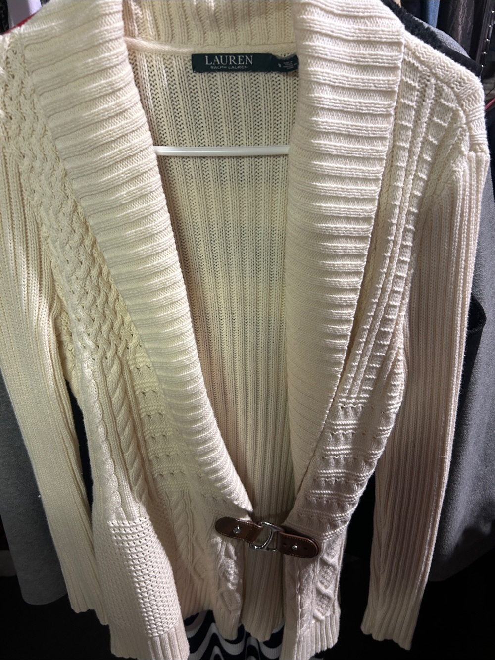 Lauren Ralph Lauren Cream Cable Knit Shawl-Collar Cardigan with Buckle